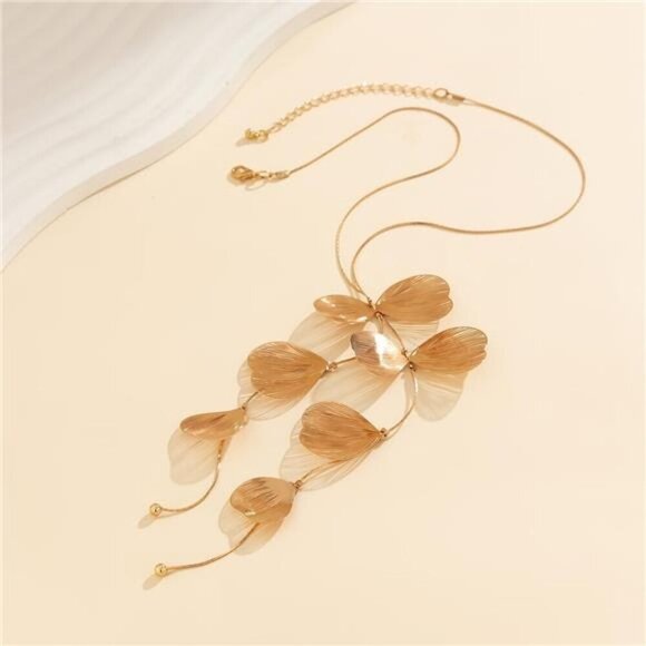 Romantic Bohemian Long Tassel Y Gold Tone Ginkgo Leaf Necklace & Earring Set - Picture 6 of 8